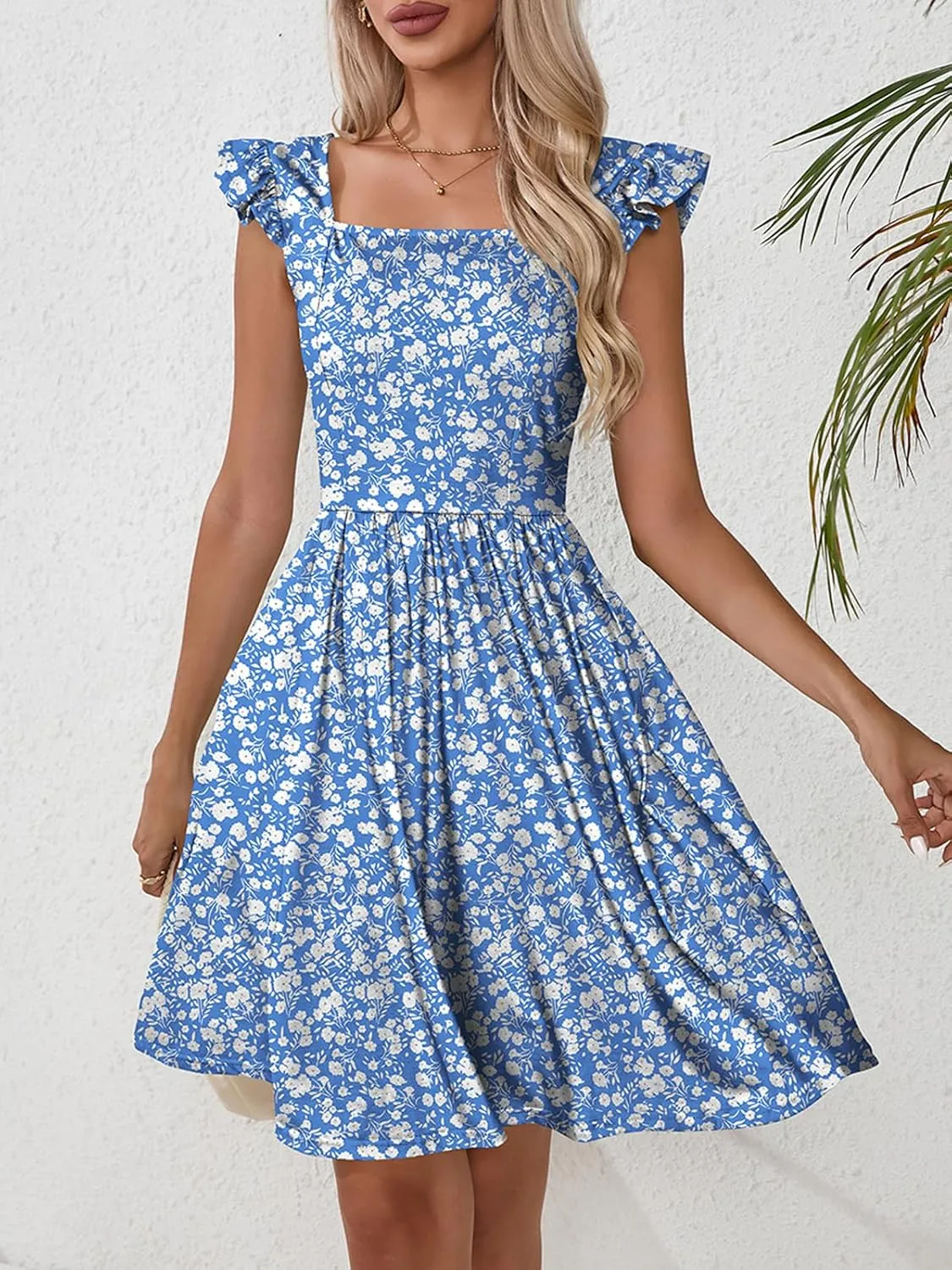 Naggoo Women's Summer Dresses Casual Square Neck Floral Sundress with Pockets A Line Flowy Beach Dress
