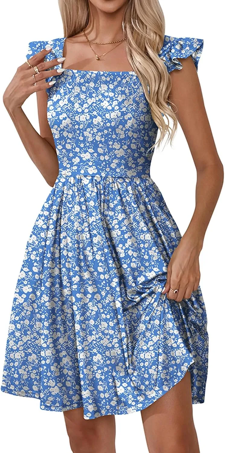 Naggoo Women's Summer Dresses Casual Square Neck Floral Sundress with Pockets A Line Flowy Beach Dress