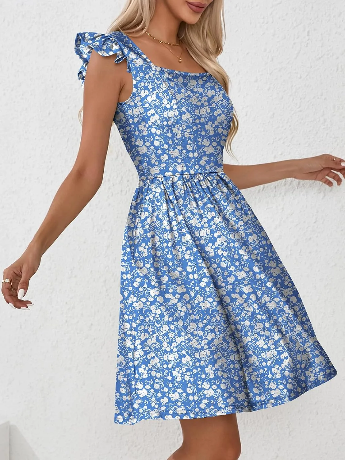 Naggoo Women's Summer Dresses Casual Square Neck Floral Sundress with Pockets A Line Flowy Beach Dress