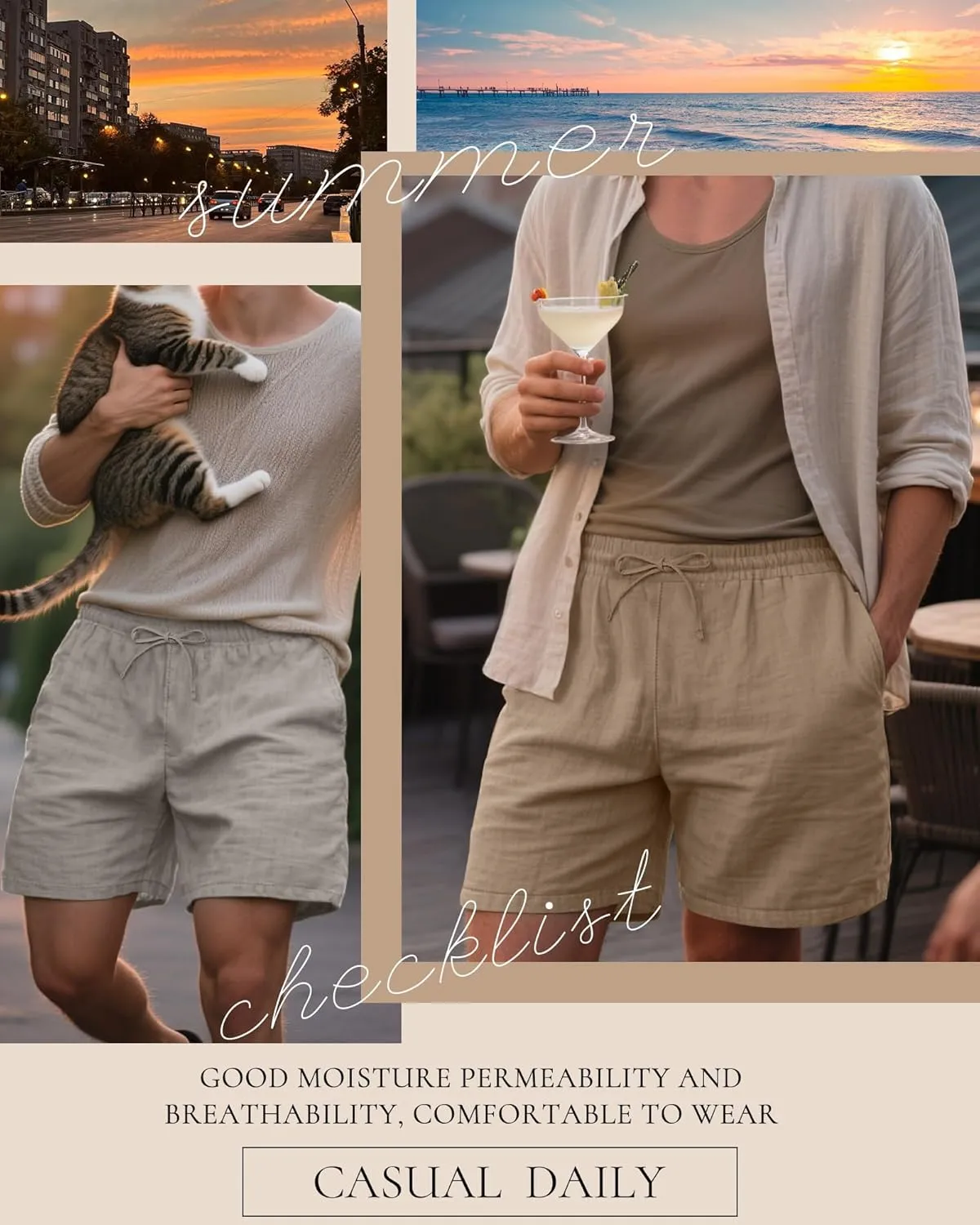 Neer 2 Pack Men's Linen Shorts Cotton L-5XL Big and Tall Regular Casual Lightweight Drawstring Summer Shorts with Pockets