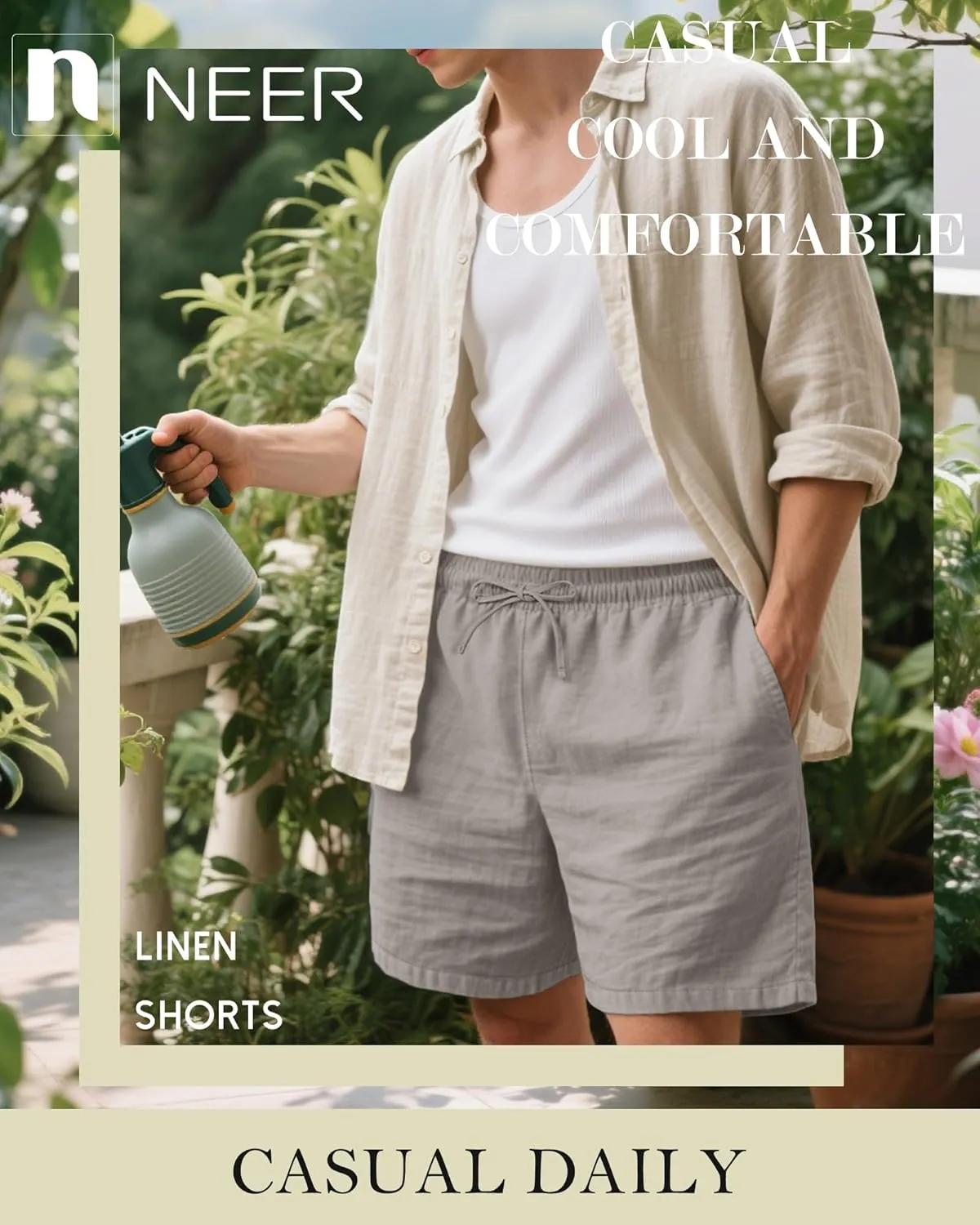Neer 2 Pack Men's Linen Shorts Cotton L-5XL Big and Tall Regular Casual Lightweight Drawstring Summer Shorts with Pockets
