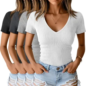 Neer 4 Pack Women's Cotton V Neck T-Shirts Short Sleeve Ribbed Slim Fit Tops Ladies' Casual Summer Basic Tee Multipack