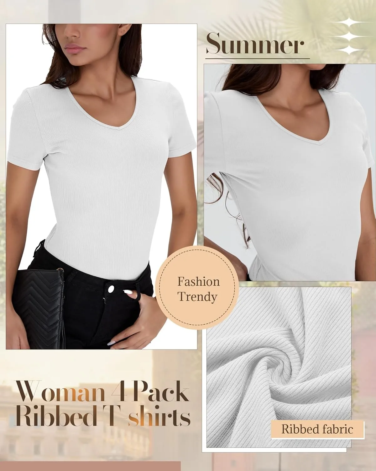 Neer 4 Pack Women's Cotton V Neck T-Shirts Short Sleeve Ribbed Slim Fit Tops Ladies' Casual Summer Basic Tee Multipack