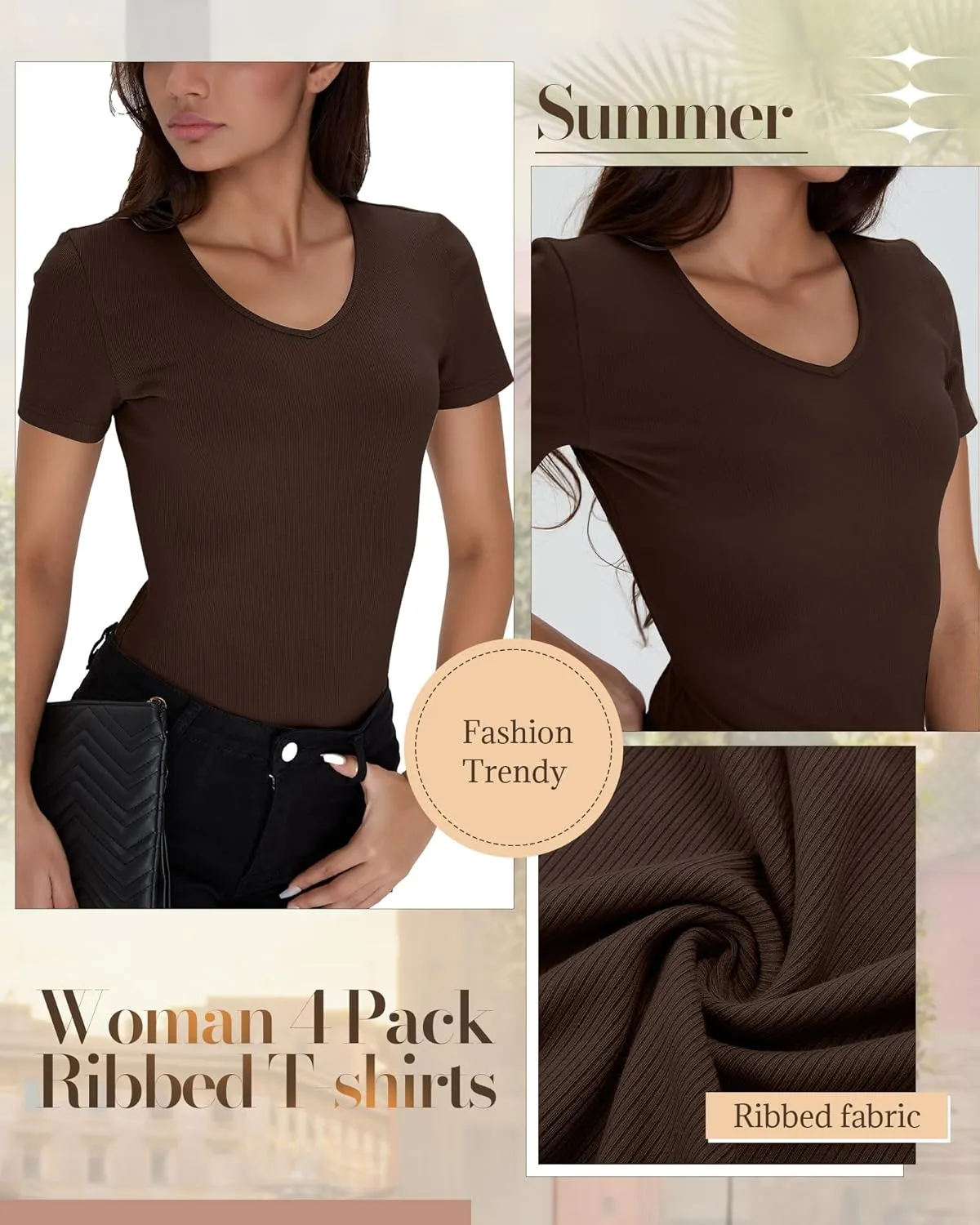 Neer 4 Pack Women's Cotton V Neck T-Shirts Short Sleeve Ribbed Slim Fit Tops Ladies' Casual Summer Basic Tee Multipack