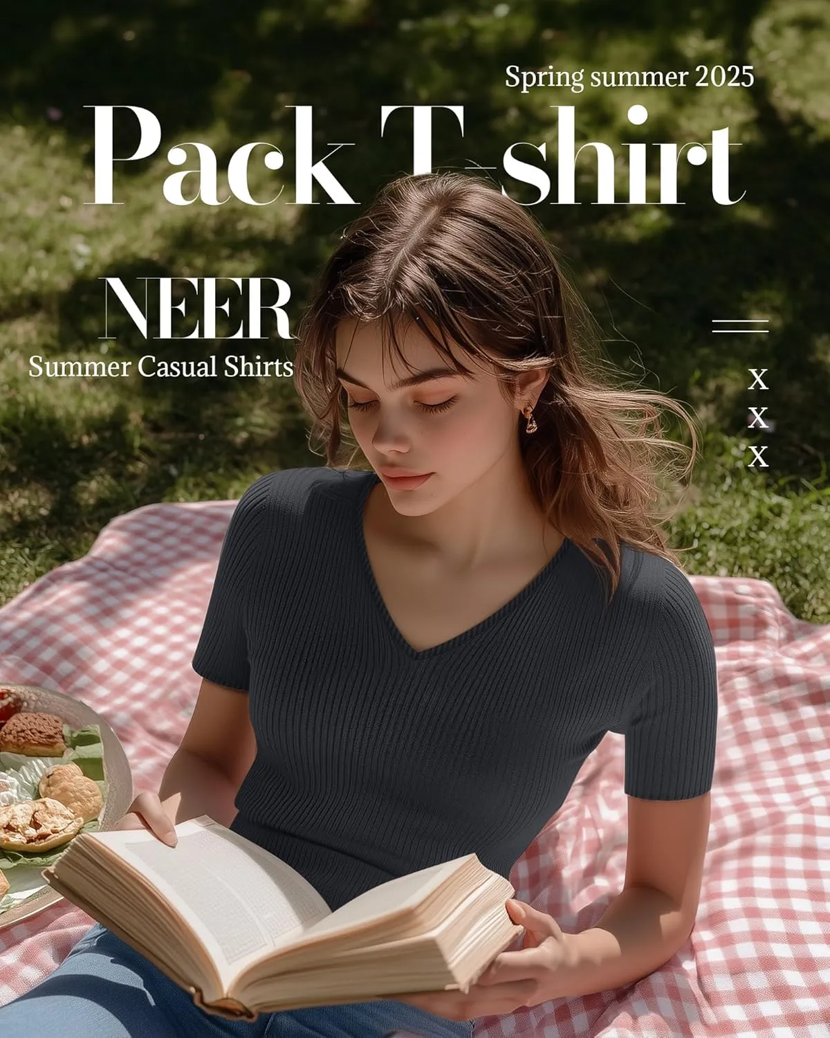 Neer 4 Pack Women's Cotton V Neck T-Shirts Short Sleeve Ribbed Slim Fit Tops Ladies' Casual Summer Basic Tee Multipack