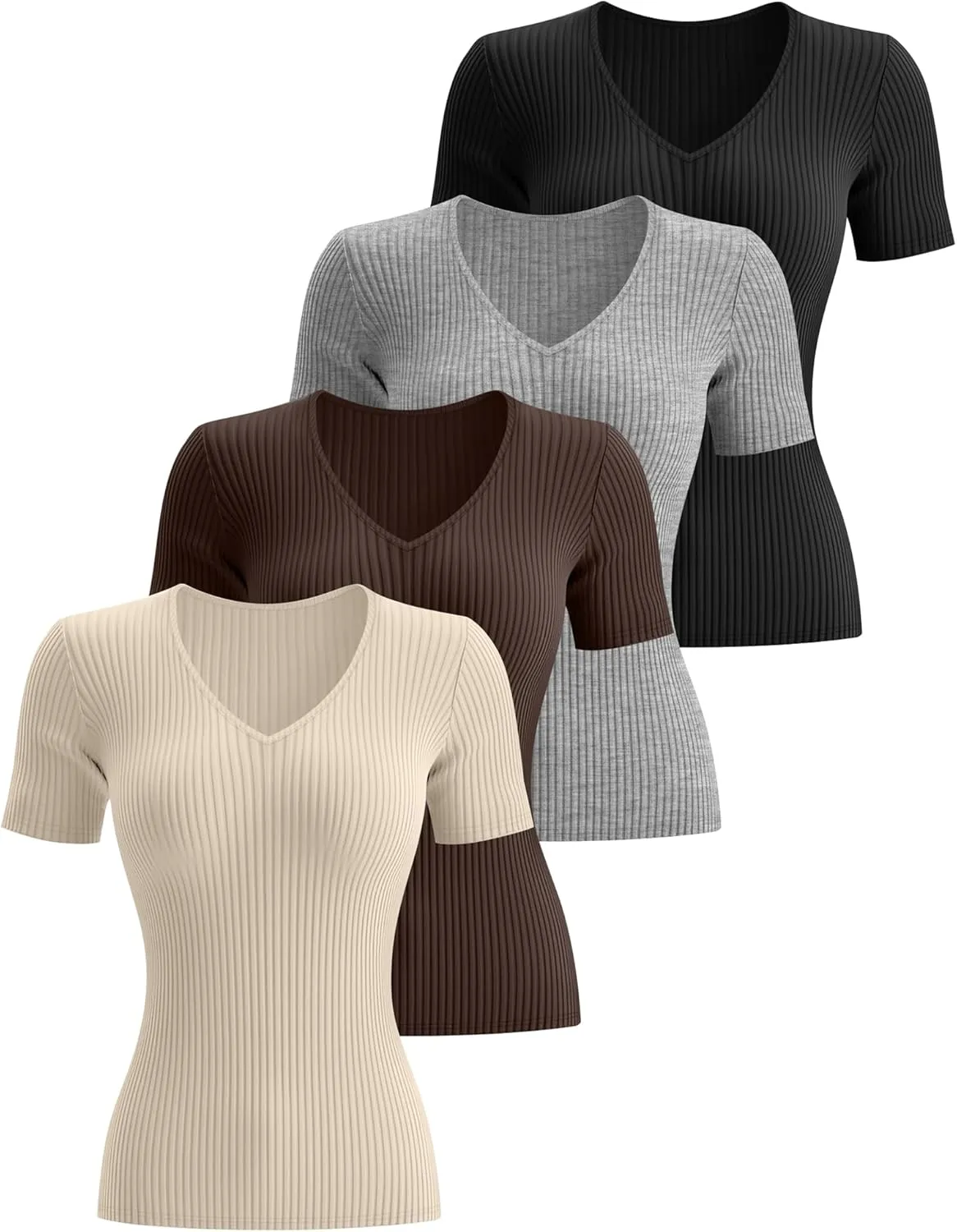 Neer 4 Pack Women's Cotton V Neck T-Shirts Short Sleeve Ribbed Slim Fit Tops Ladies' Casual Summer Basic Tee Multipack