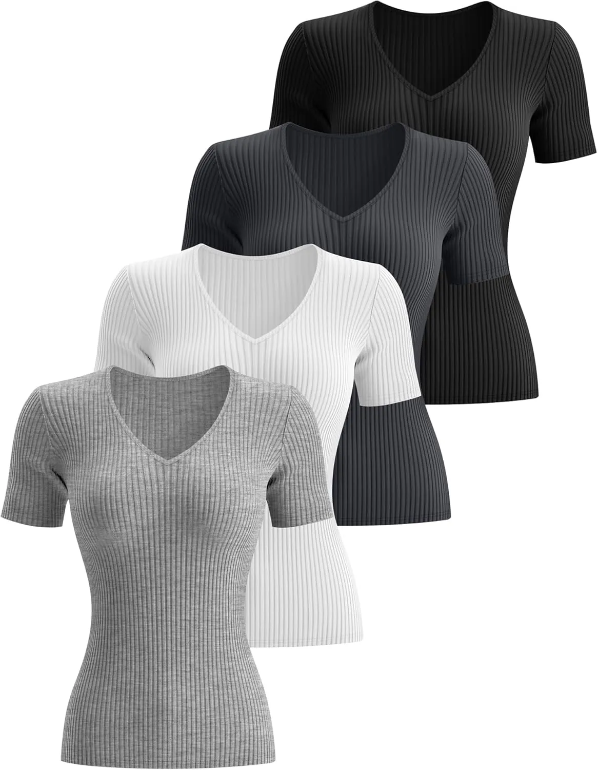 Neer 4 Pack Women's Cotton V Neck T-Shirts Short Sleeve Ribbed Slim Fit Tops Ladies' Casual Summer Basic Tee Multipack