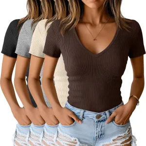 Neer 4 Pack Women's Cotton V Neck T-Shirts Short Sleeve Ribbed Slim Fit Tops Ladies' Casual Summer Basic Tee Multipack