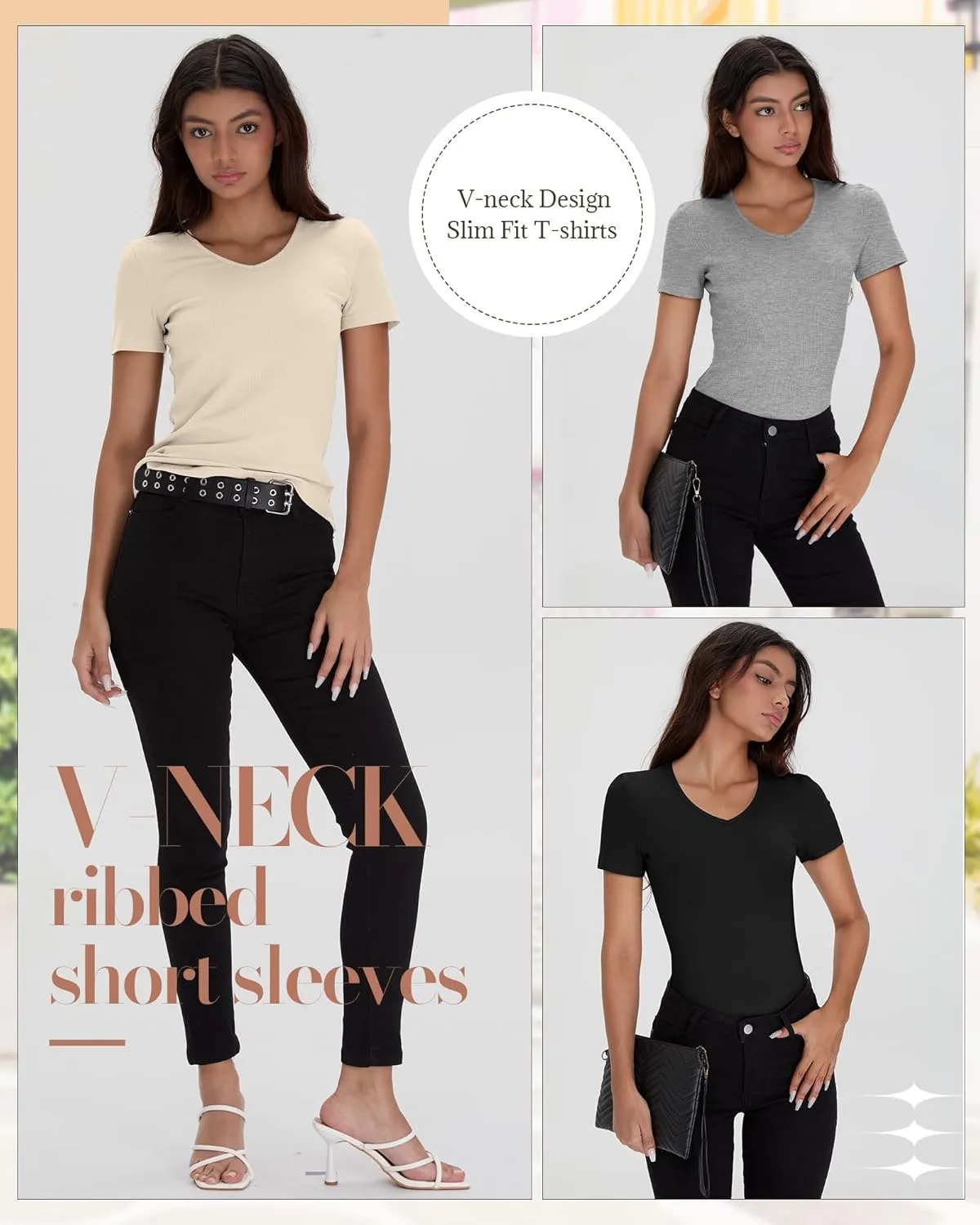 Neer 4 Pack Women's Cotton V Neck T-Shirts Short Sleeve Ribbed Slim Fit Tops Ladies' Casual Summer Basic Tee Multipack