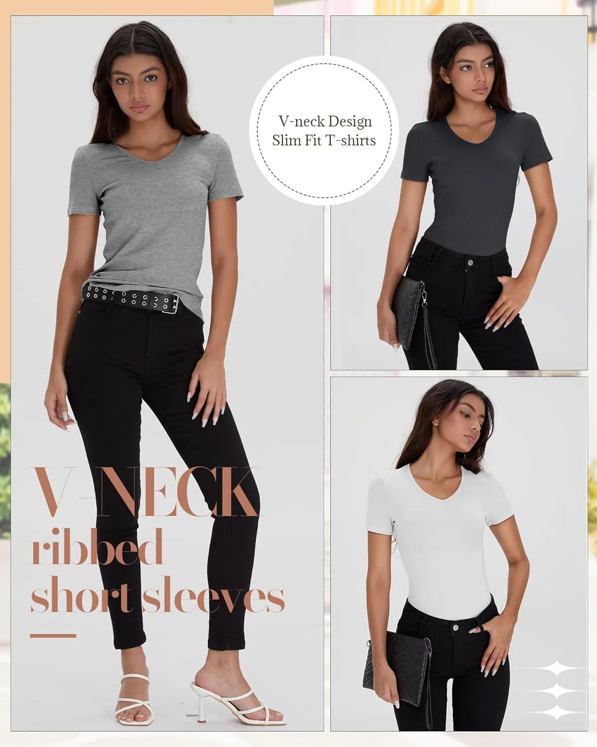 Neer 4 Pack Women's Cotton V Neck T-Shirts Short Sleeve Ribbed Slim Fit Tops Ladies' Casual Summer Basic Tee Multipack
