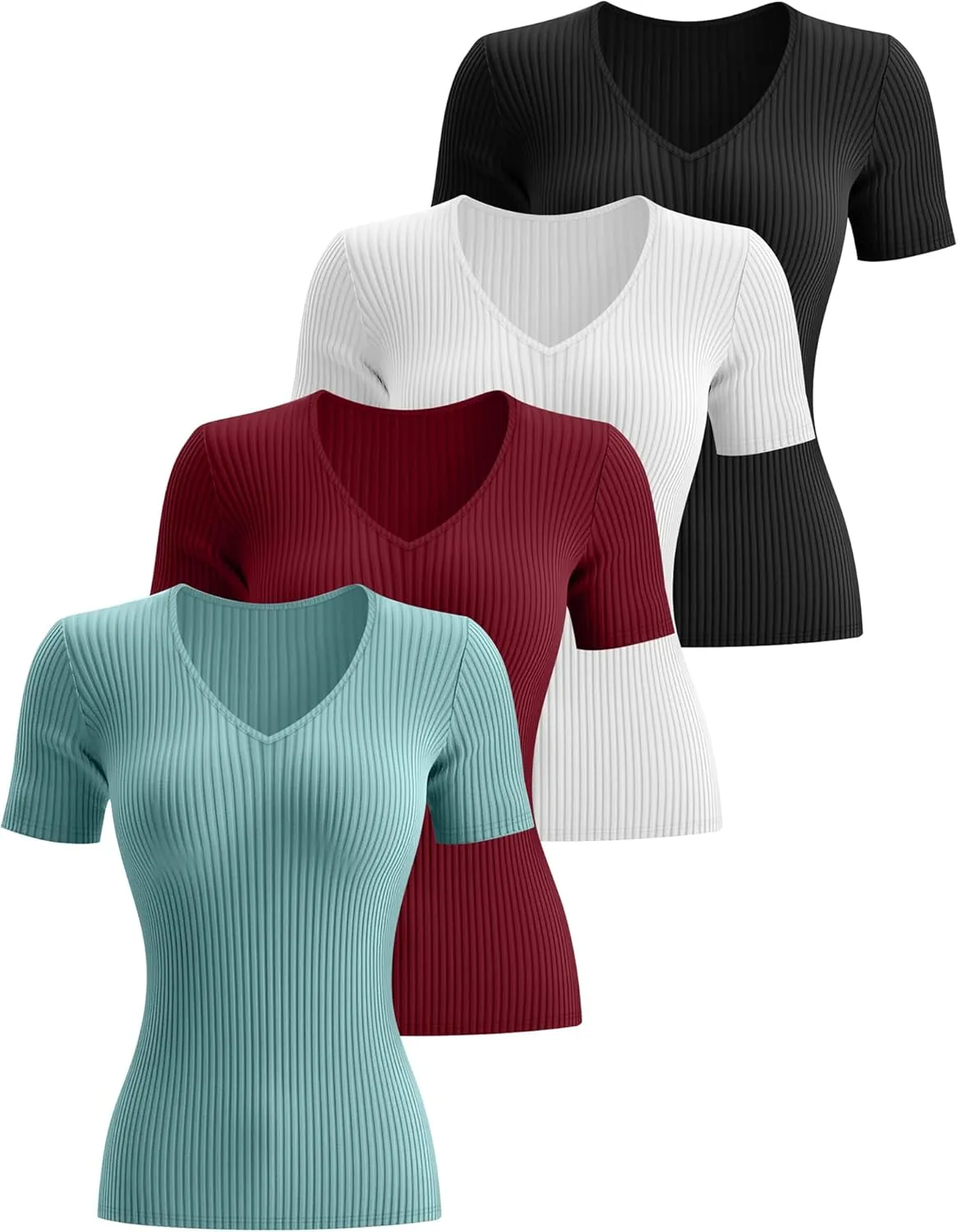 Neer 4 Pack Women's Cotton V Neck T-Shirts Short Sleeve Ribbed Slim Fit Tops Ladies' Casual Summer Basic Tee Multipack