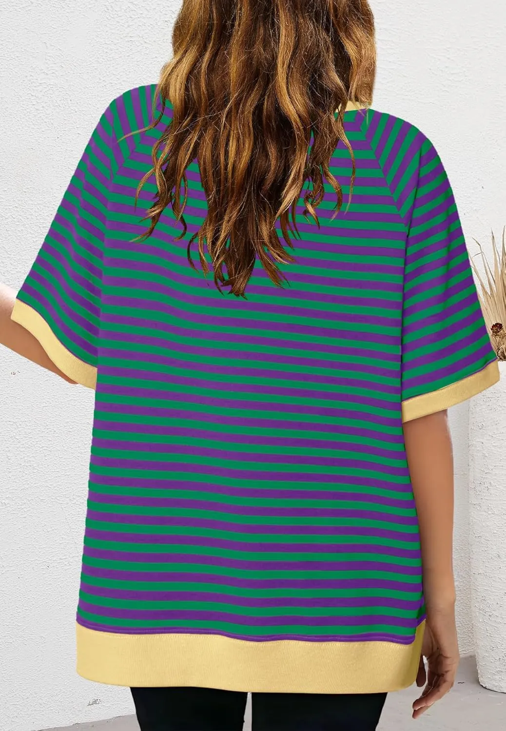 Nirovien Womens Striped Short Sleeve Tshirt Oversized Crewneck Shirt Color Block Tee Shirts Summer Tunic Tops