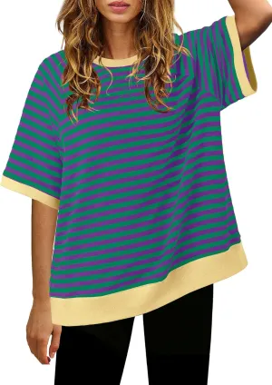 Nirovien Womens Striped Short Sleeve Tshirt Oversized Crewneck Shirt Color Block Tee Shirts Summer Tunic Tops