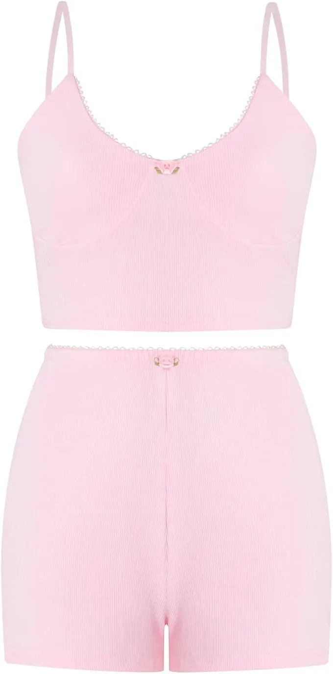 Nituyy Women Two Piece Matching Sets Y2K Knit Comfy Lounge Set Crop Shirt Tops and High Waist Shorts Loungewear Streetwear