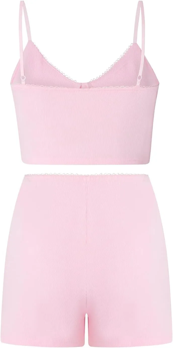 Nituyy Women Two Piece Matching Sets Y2K Knit Comfy Lounge Set Crop Shirt Tops and High Waist Shorts Loungewear Streetwear