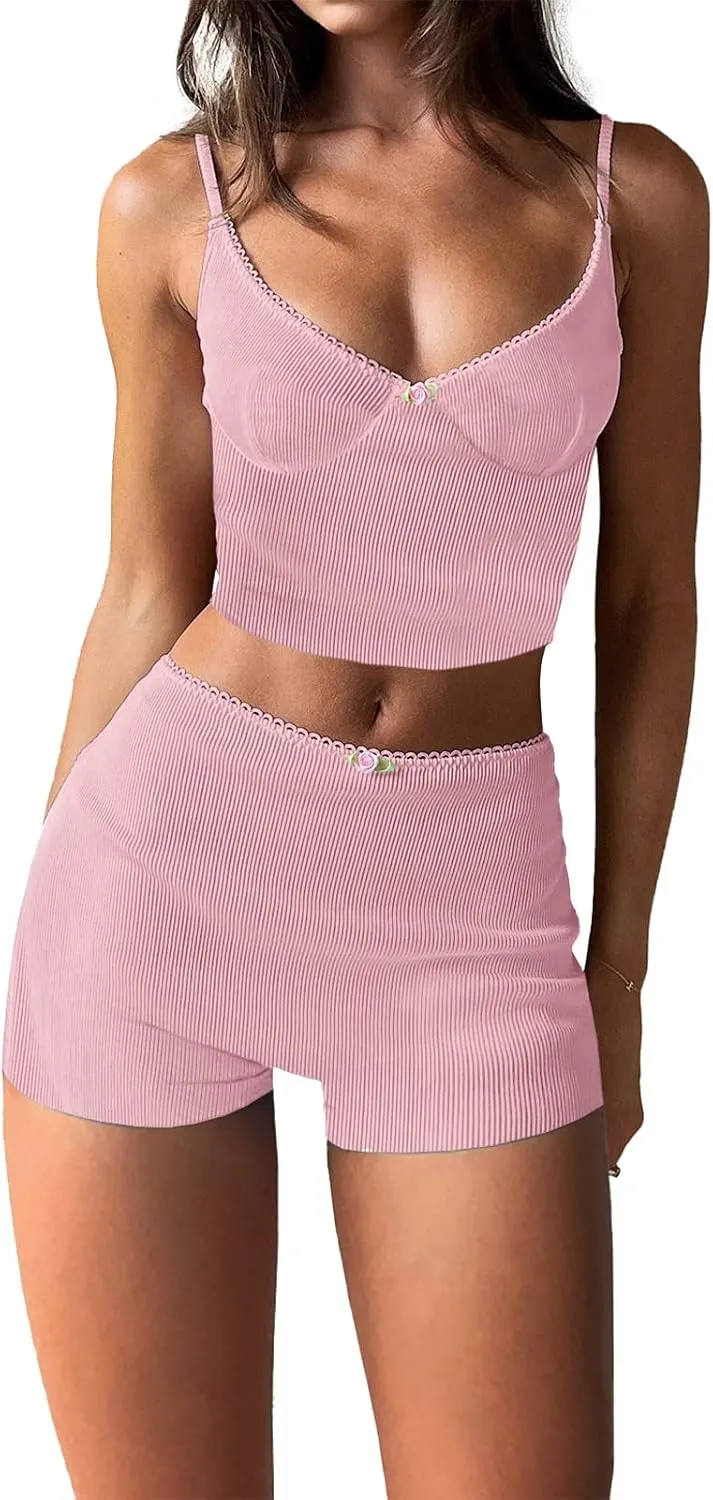 Nituyy Women Two Piece Matching Sets Y2K Knit Comfy Lounge Set Crop Shirt Tops and High Waist Shorts Loungewear Streetwear
