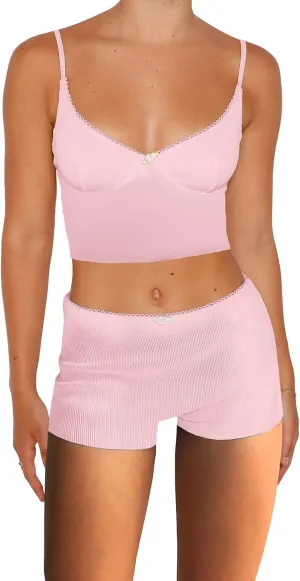 Nituyy Women Two Piece Matching Sets Y2K Knit Comfy Lounge Set Crop Shirt Tops and High Waist Shorts Loungewear Streetwear
