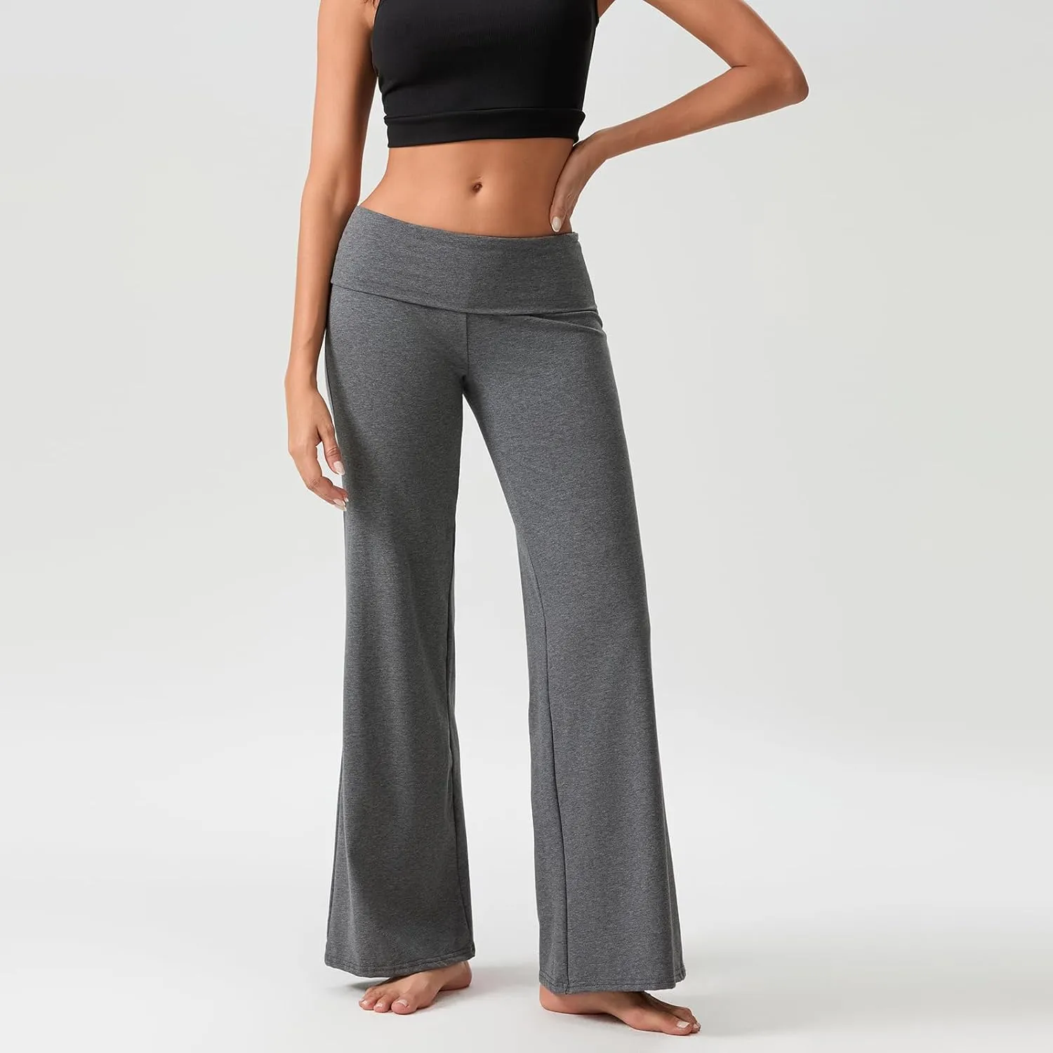 NZNDSHD Fold Over Yoga Pants for Women Low Rise Straight Leg Sweatpants Y2k Solid Color Stretchy Loose Gym Lounge Leggings