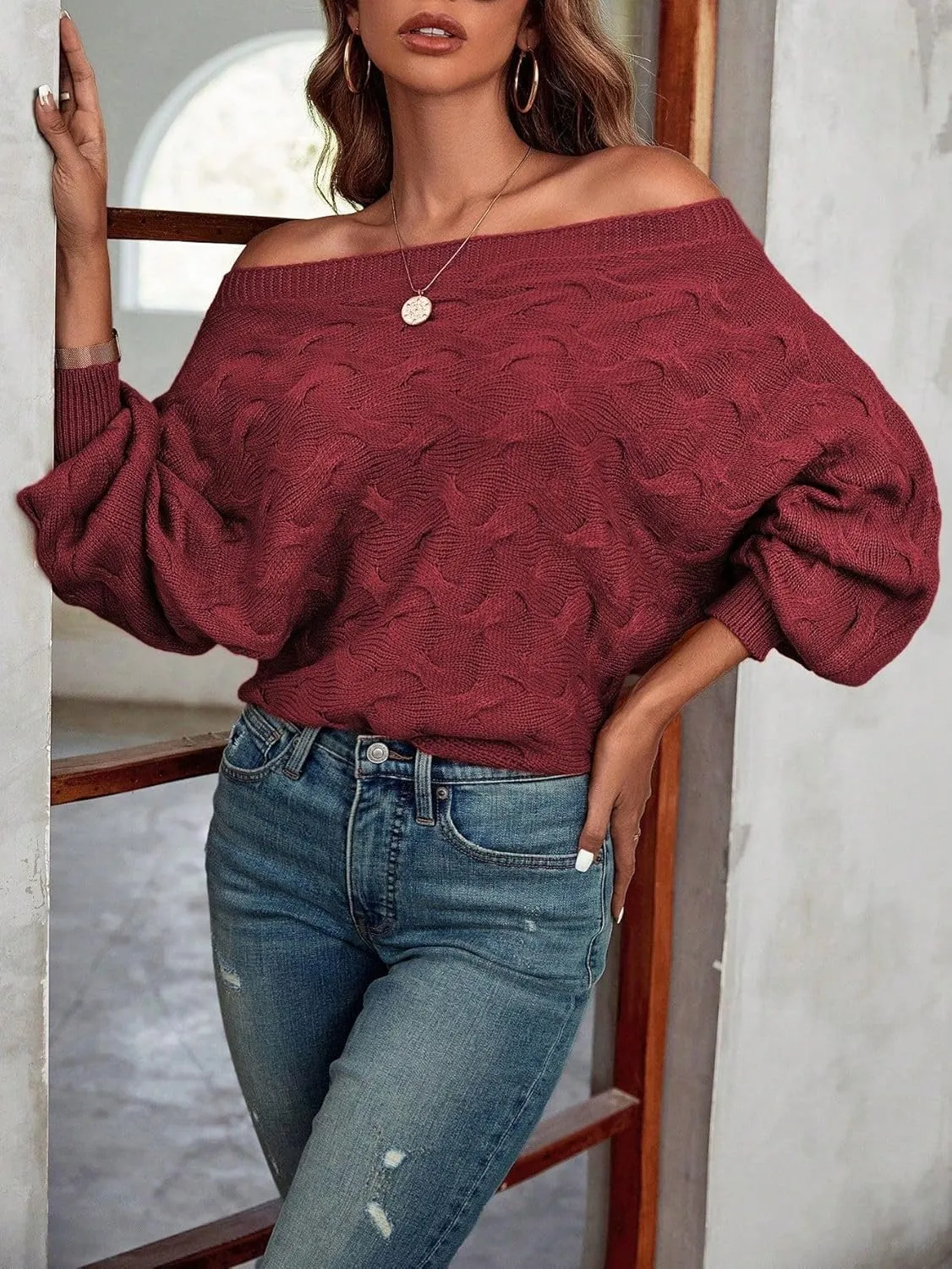 Off The Shoulder Tops for Women，Womens Batwing Sweater,Pullover,Knit Sweater for Women,Going Out Tops,Fall Sweater for Women