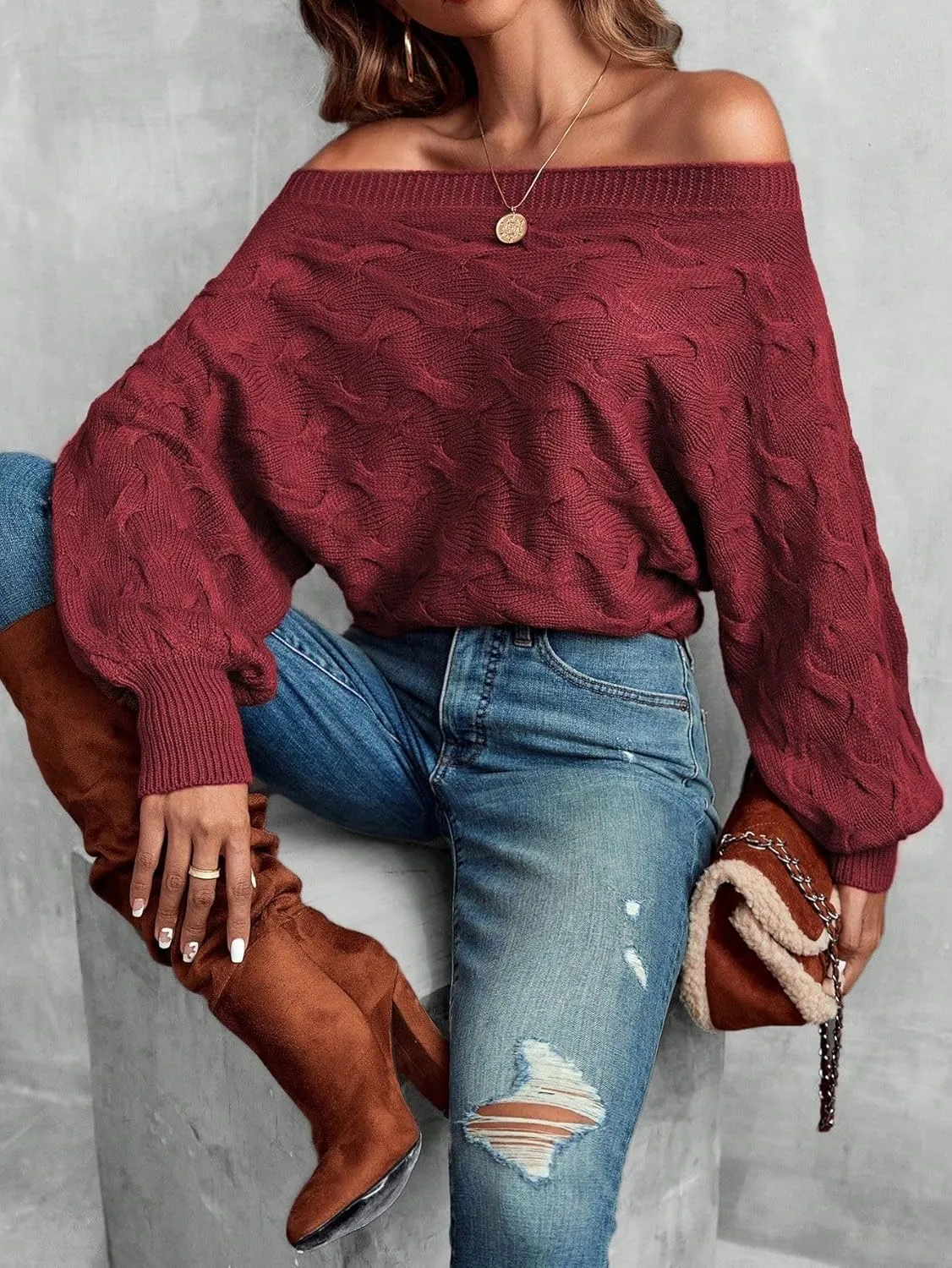 Off The Shoulder Tops for Women，Womens Batwing Sweater,Pullover,Knit Sweater for Women,Going Out Tops,Fall Sweater for Women