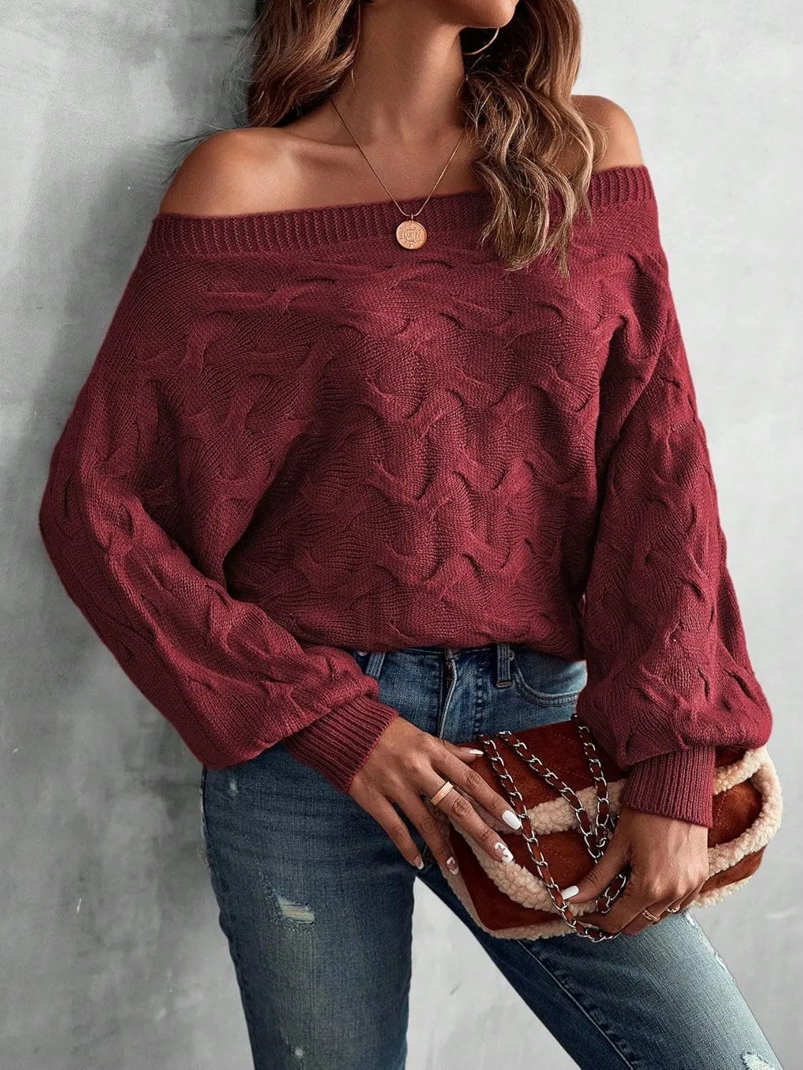 Off The Shoulder Tops for Women，Womens Batwing Sweater,Pullover,Knit Sweater for Women,Going Out Tops,Fall Sweater for Women