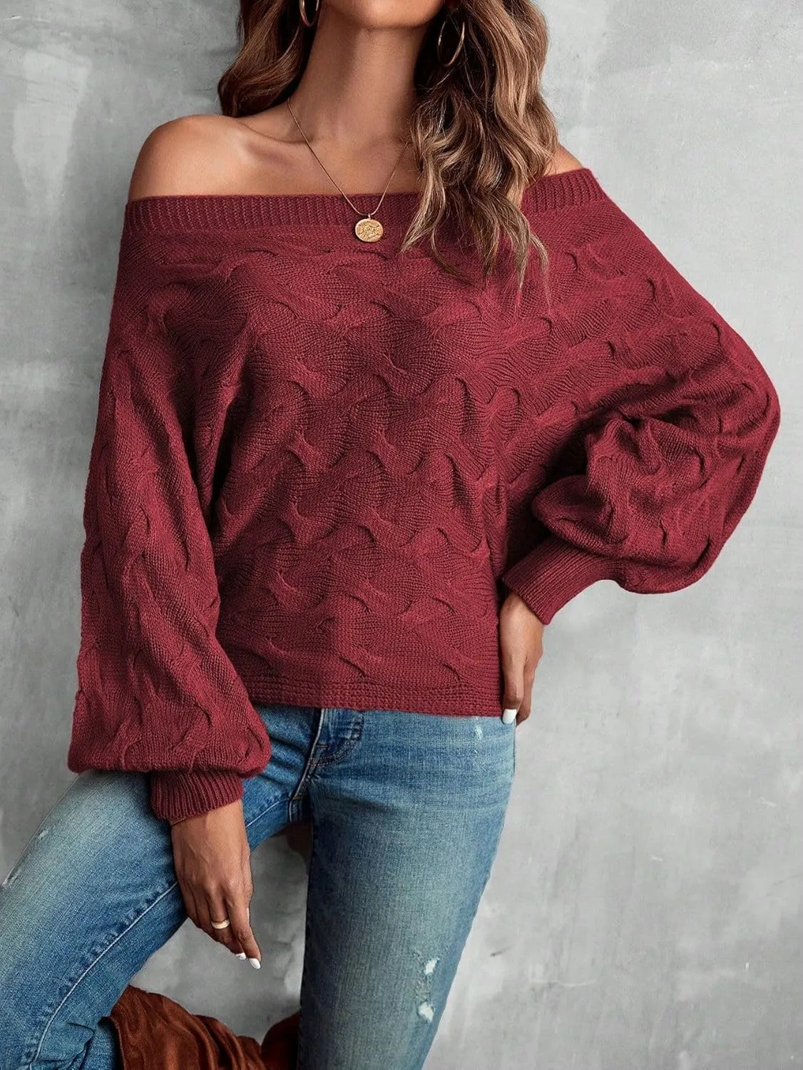 Off The Shoulder Tops for Women，Womens Batwing Sweater,Pullover,Knit Sweater for Women,Going Out Tops,Fall Sweater for Women