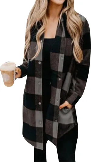 OMZIN Women's Long Button Down Plaid Shirt Long Sleeve Lapel Blouse Snaps Tops with Side Pockets