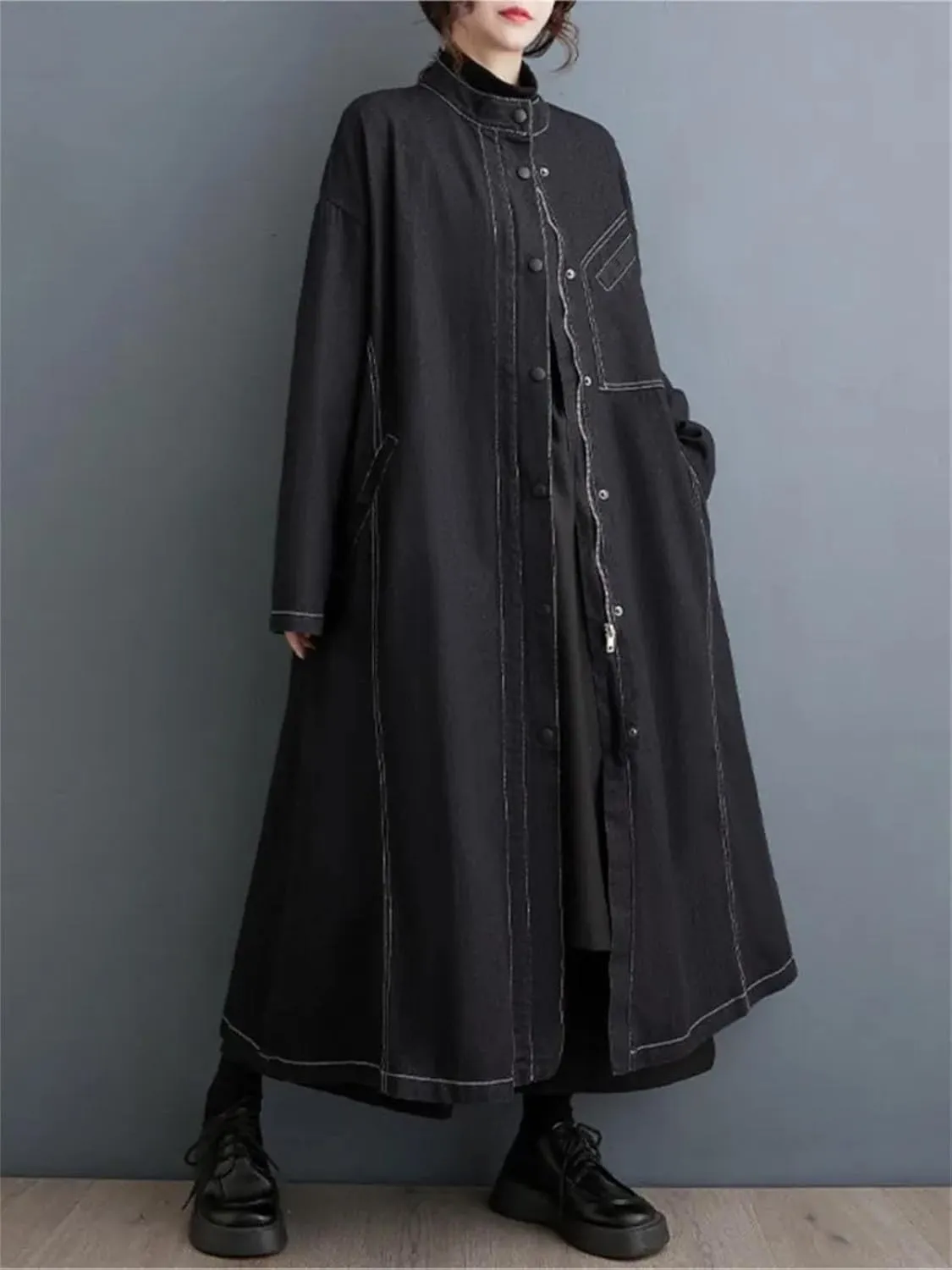 Oversized Denim Winter Long Trench Coat Women Pleated Fashion Loose Long Sleeve Jackets