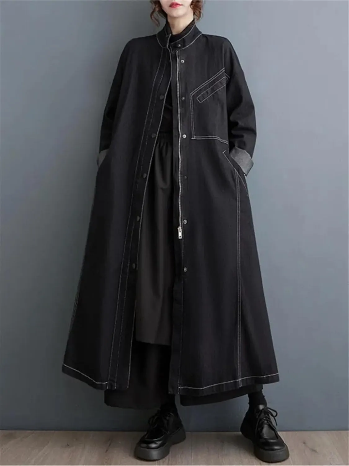 Oversized Denim Winter Long Trench Coat Women Pleated Fashion Loose Long Sleeve Jackets