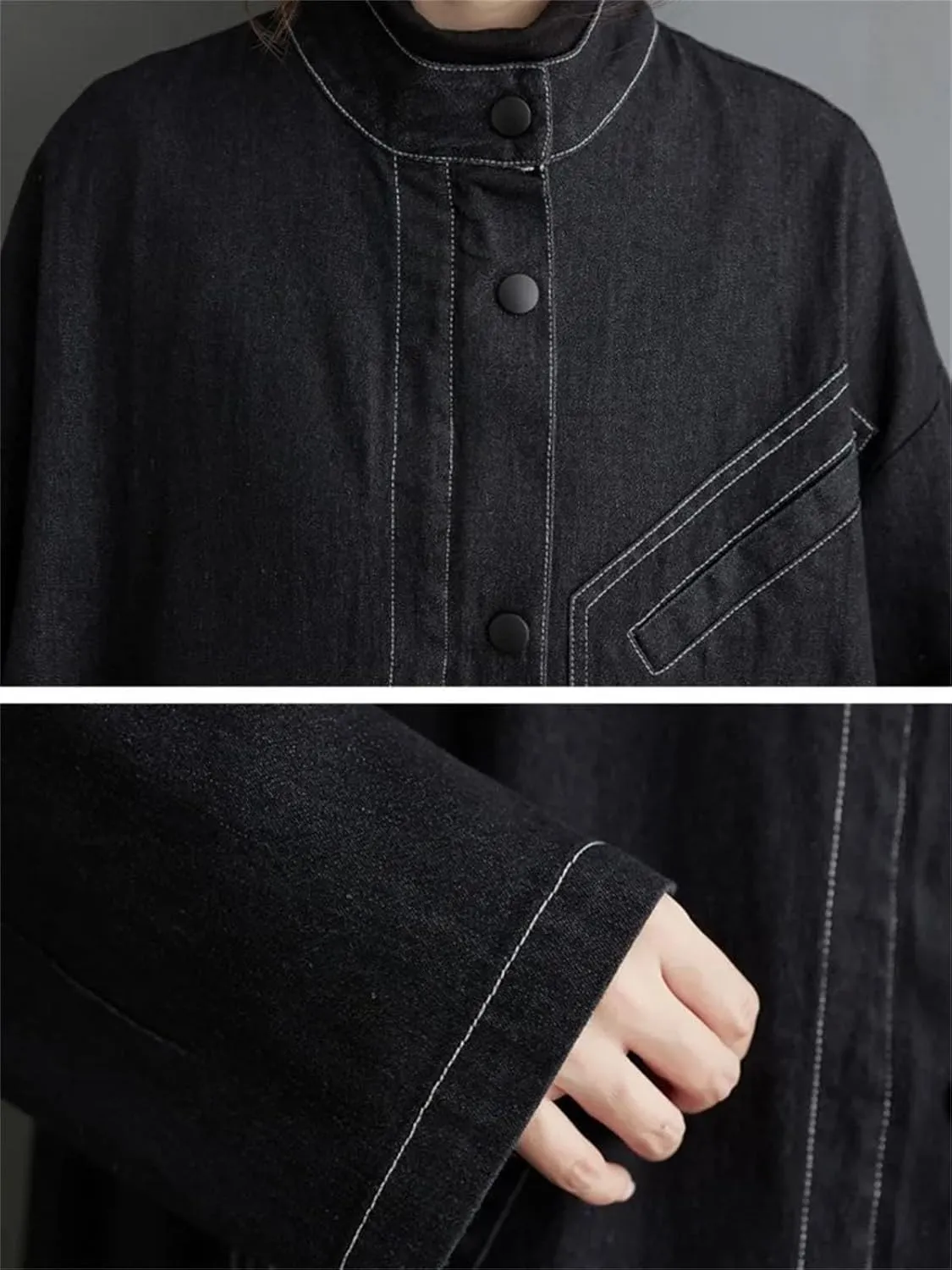 Oversized Denim Winter Long Trench Coat Women Pleated Fashion Loose Long Sleeve Jackets