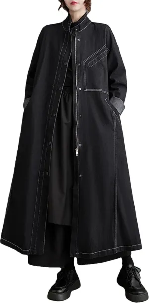 Oversized Denim Winter Long Trench Coat Women Pleated Fashion Loose Long Sleeve Jackets