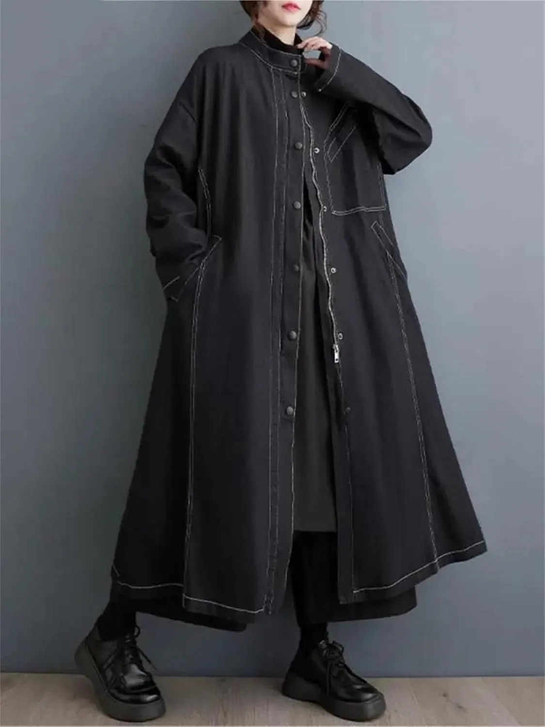 Oversized Denim Winter Long Trench Coat Women Pleated Fashion Loose Long Sleeve Jackets