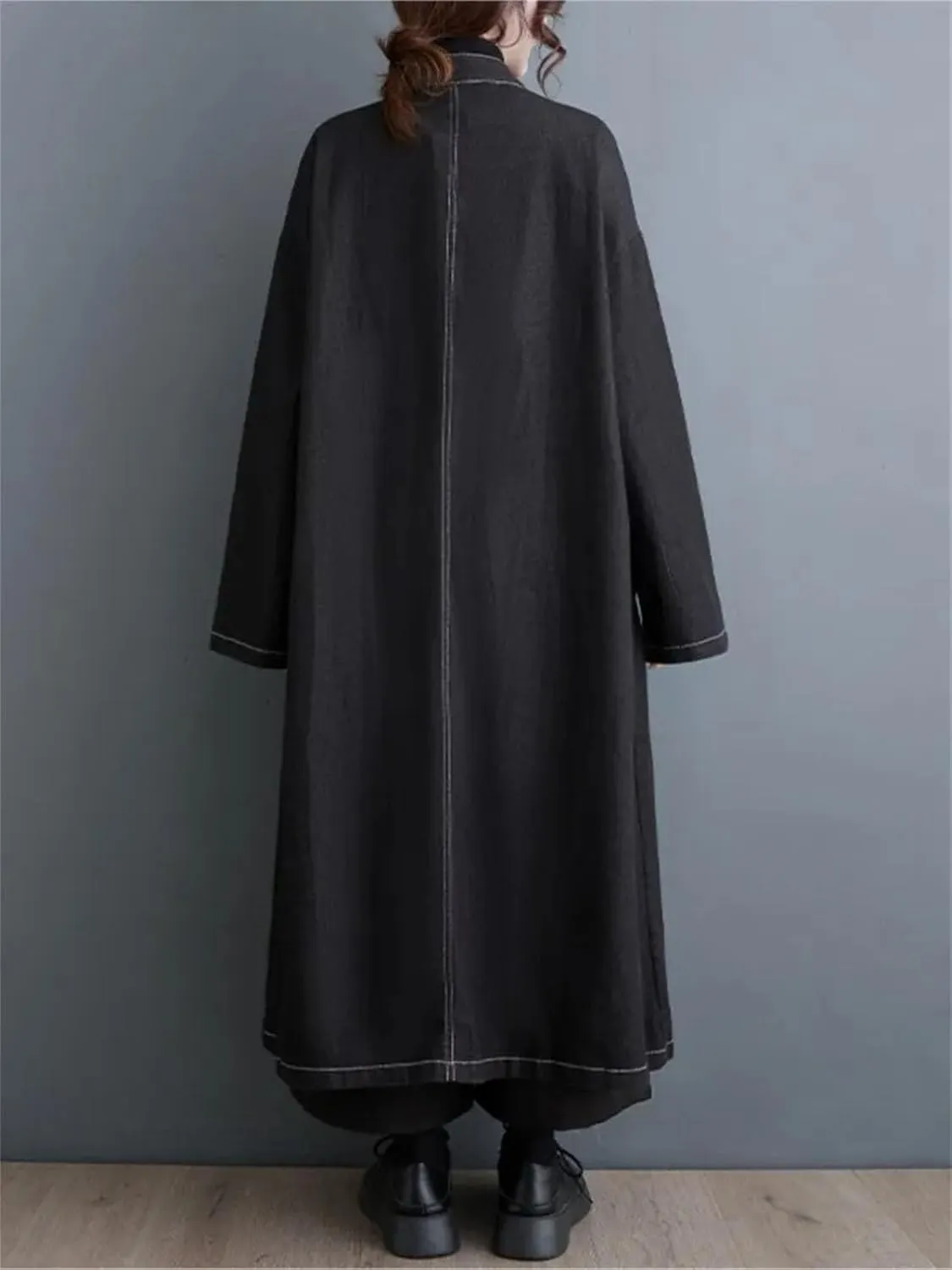 Oversized Denim Winter Long Trench Coat Women Pleated Fashion Loose Long Sleeve Jackets