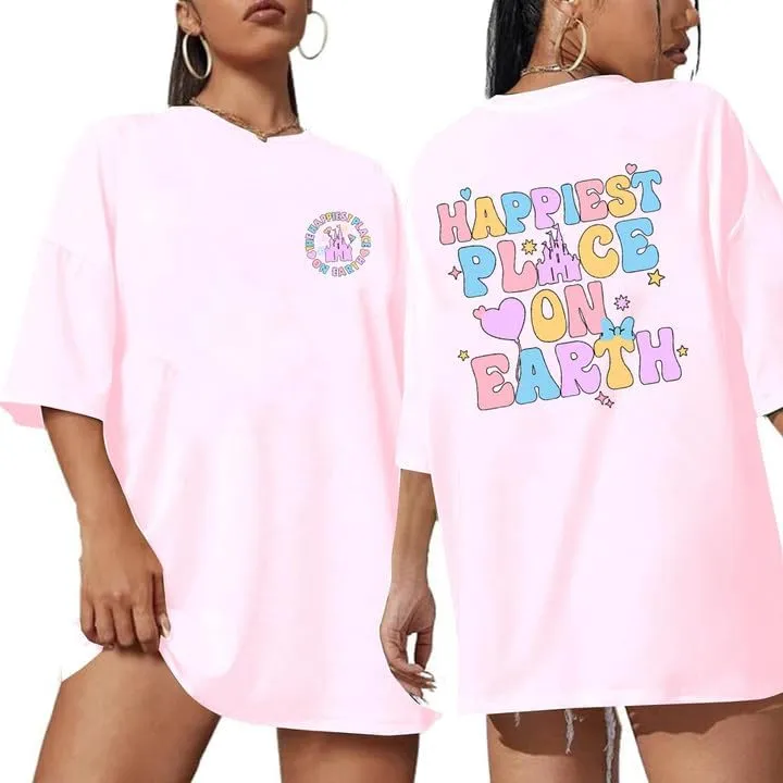 Oversized Magical Shirts for Women Happiest Place On Earth Tshirts Cute Graphic Tees Summer Family Casual Tops