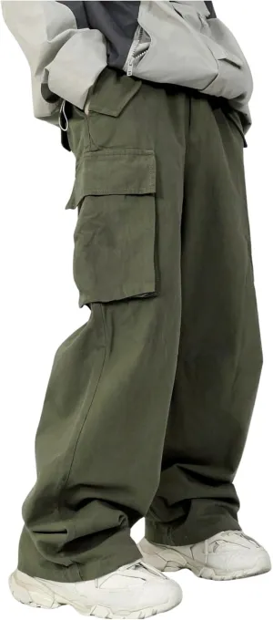 OYOANGLE Boy's Baggy Cargo Pants Flap Pocket Straight Leg Jogging Pants Solid Athletic Casual Trousers