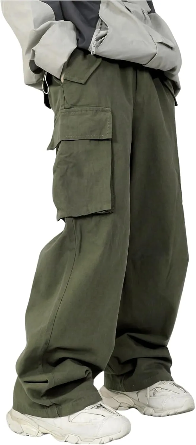 OYOANGLE Boy's Baggy Cargo Pants Flap Pocket Straight Leg Jogging Pants Solid Athletic Casual Trousers