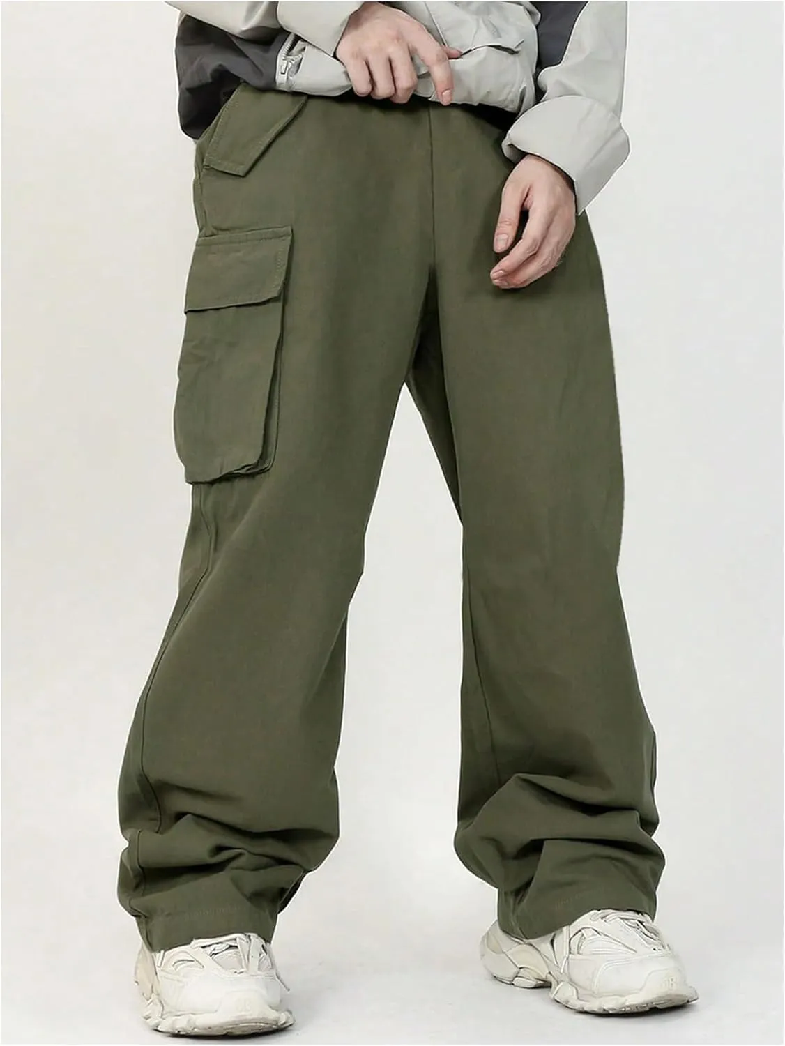 OYOANGLE Boy's Baggy Cargo Pants Flap Pocket Straight Leg Jogging Pants Solid Athletic Casual Trousers
