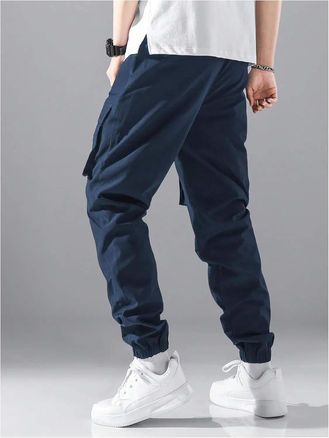 OYOANGLE Men's Drawstring Waist Sports Jogger Cargo Pants Outdoor Sweatpants with Pocket
