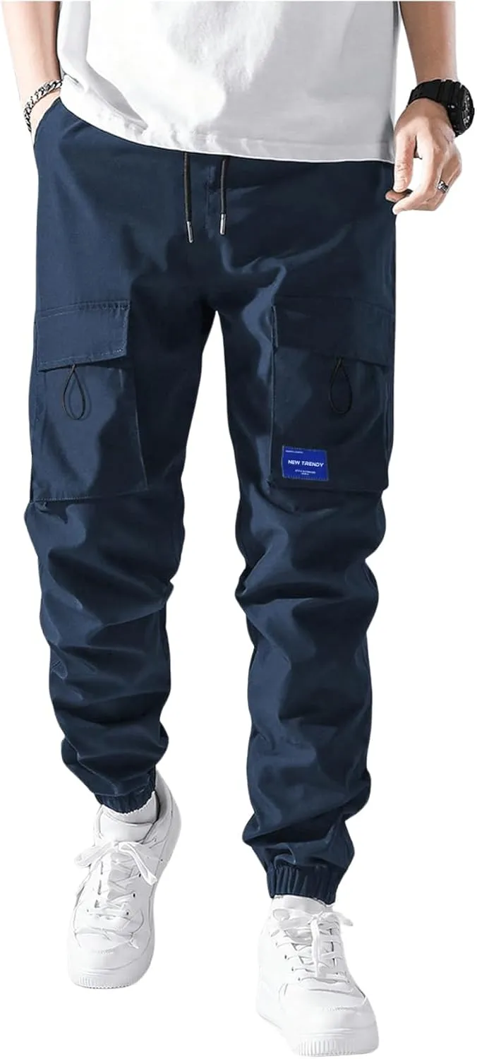 OYOANGLE Men's Drawstring Waist Sports Jogger Cargo Pants Outdoor Sweatpants with Pocket