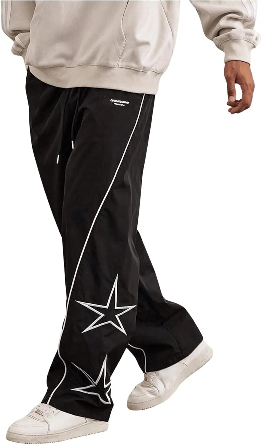 OYOANGLE Men's Graphic Print Drawstring Elastic Waist Cargo Pants Loose Fit Straight Leg Trousers