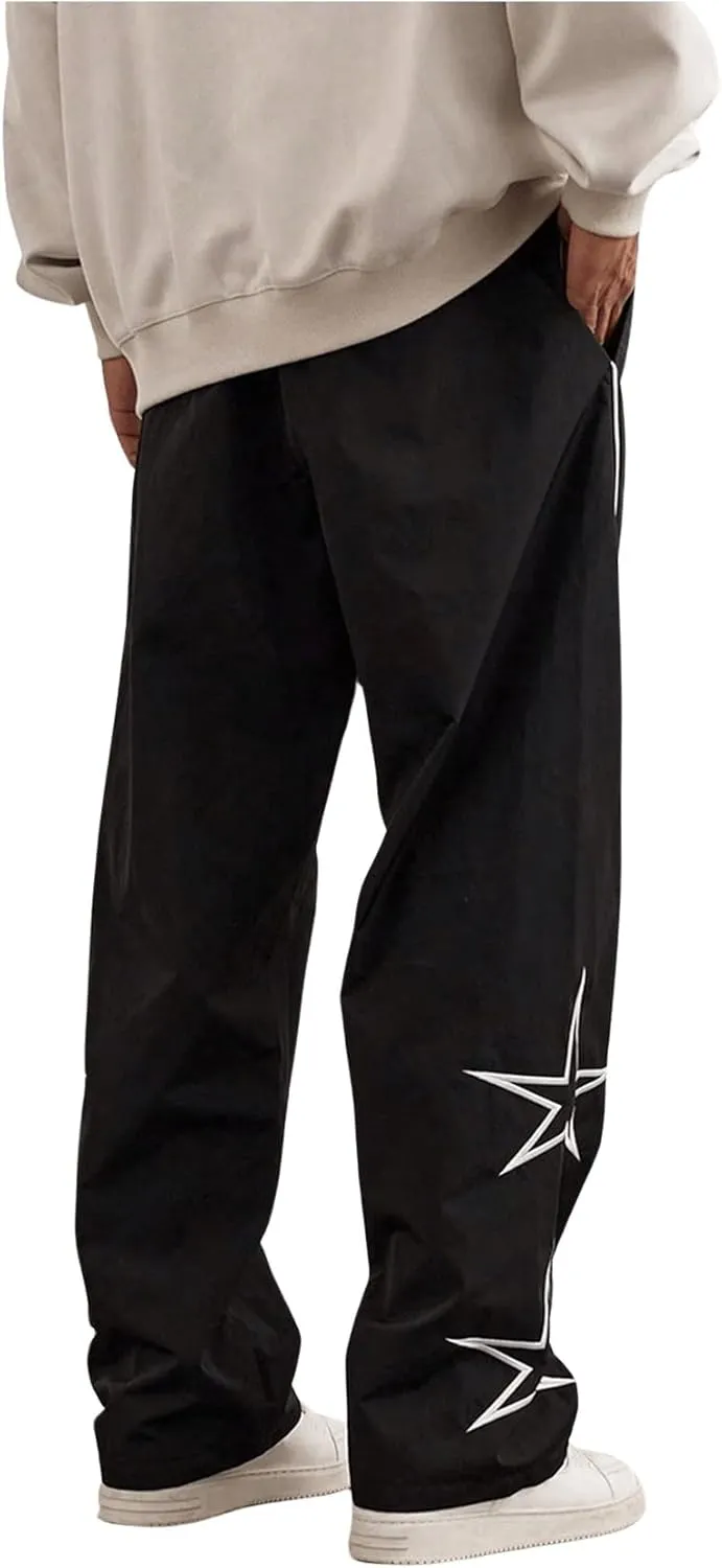 OYOANGLE Men's Graphic Print Drawstring Elastic Waist Cargo Pants Loose Fit Straight Leg Trousers