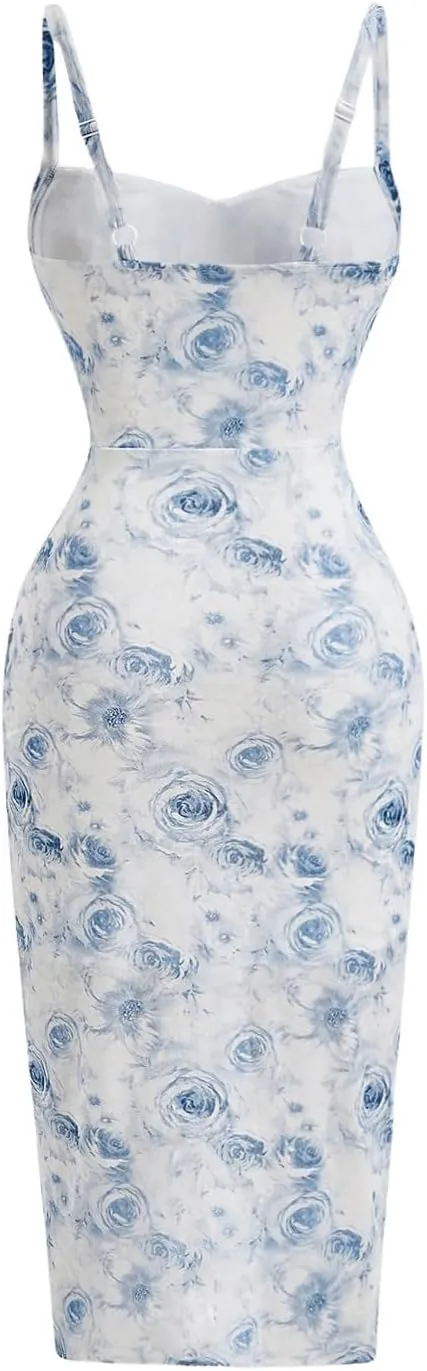 OYOANGLE Women's All Over Floral Print Spaghetti Straps Ruched Bust Wrapped Hem Midi Bodycon Dresses