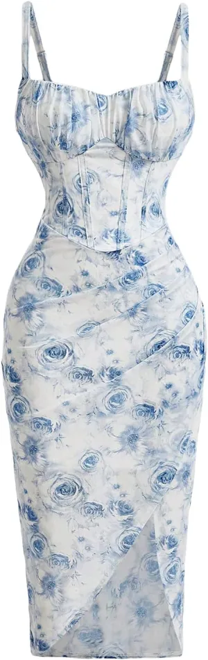 OYOANGLE Women's All Over Floral Print Spaghetti Straps Ruched Bust Wrapped Hem Midi Bodycon Dresses