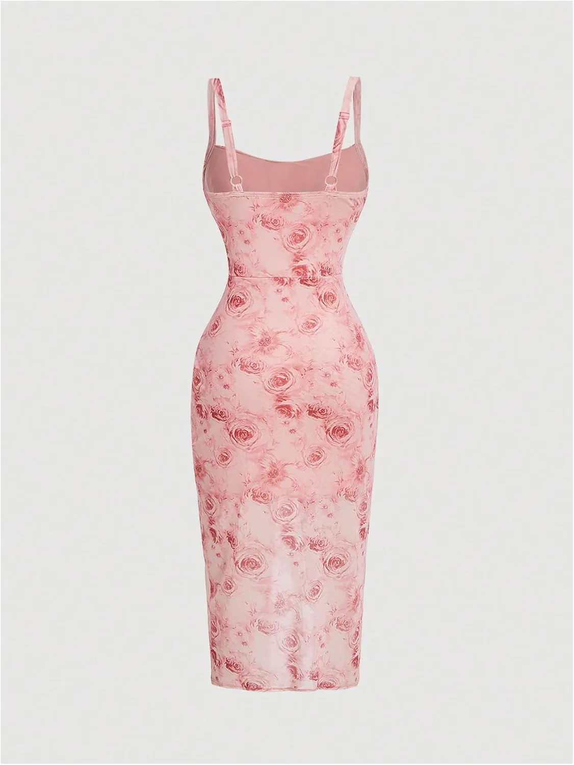 OYOANGLE Women's All Over Floral Print Spaghetti Straps Ruched Bust Wrapped Hem Midi Bodycon Dresses