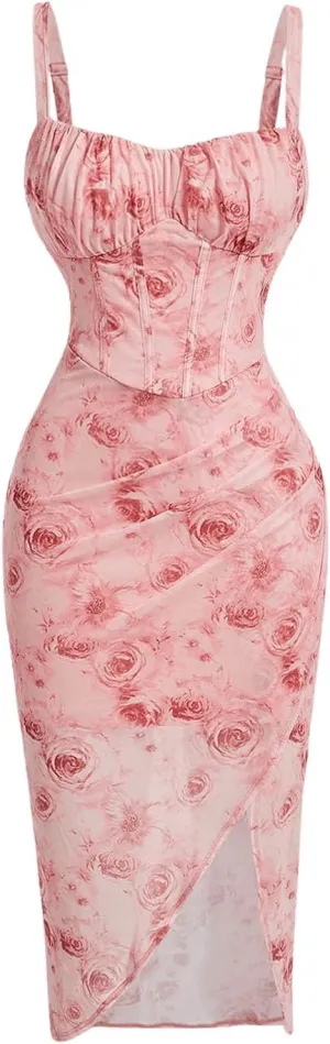 OYOANGLE Women's All Over Floral Print Spaghetti Straps Ruched Bust Wrapped Hem Midi Bodycon Dresses