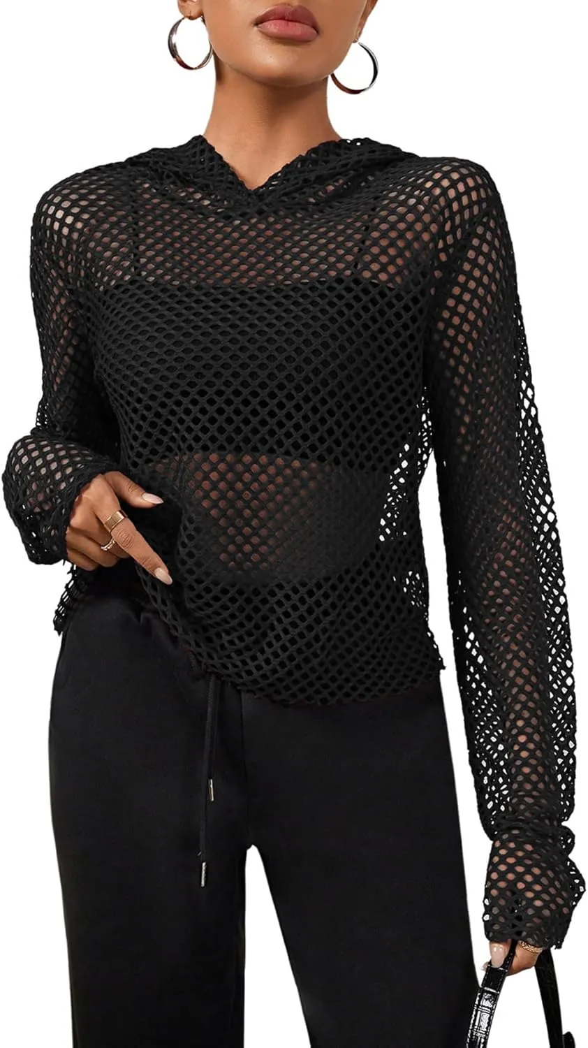 OYOANGLE Women's Long Sleeve Crochet Crop Hoodies Fishnet See Through Loose Hooded Sweatshirts