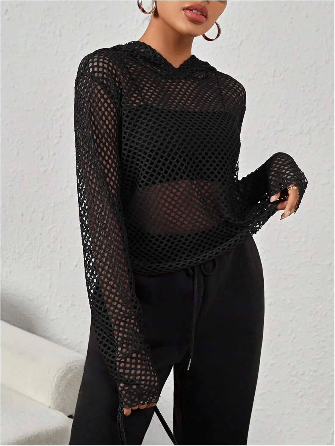 OYOANGLE Women's Long Sleeve Crochet Crop Hoodies Fishnet See Through Loose Hooded Sweatshirts