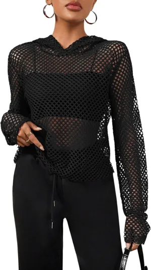 OYOANGLE Women's Long Sleeve Crochet Crop Hoodies Fishnet See Through Loose Hooded Sweatshirts