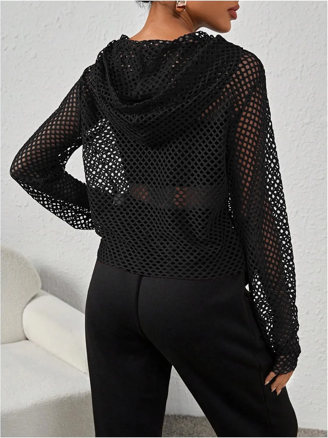 OYOANGLE Women's Long Sleeve Crochet Crop Hoodies Fishnet See Through Loose Hooded Sweatshirts