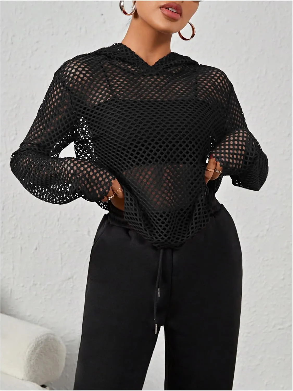 OYOANGLE Women's Long Sleeve Crochet Crop Hoodies Fishnet See Through Loose Hooded Sweatshirts